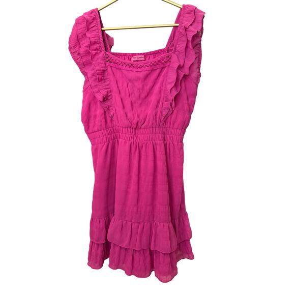 Betsey Johnson Pink Sleeveless Dress Ruffle Smocked Waist Crochet Women’s M EUC - Picture 2 of 5